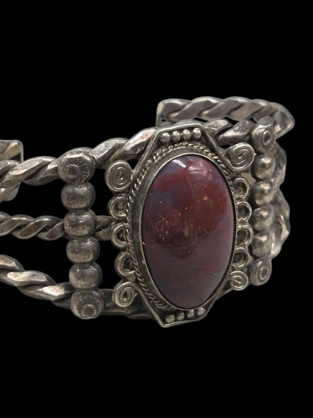 Vintage Sterling Silver Cuff Bracelet Agatized Petrified Wood Heavy 53.96g SZ 6